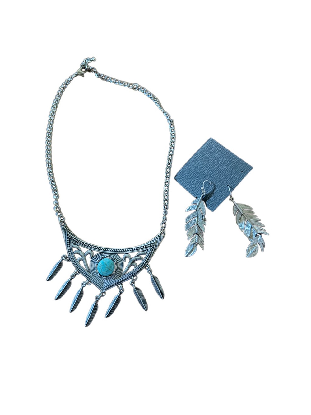 Silver-Tone Turquoise Accent Boho Necklace and Feather Earrings Set